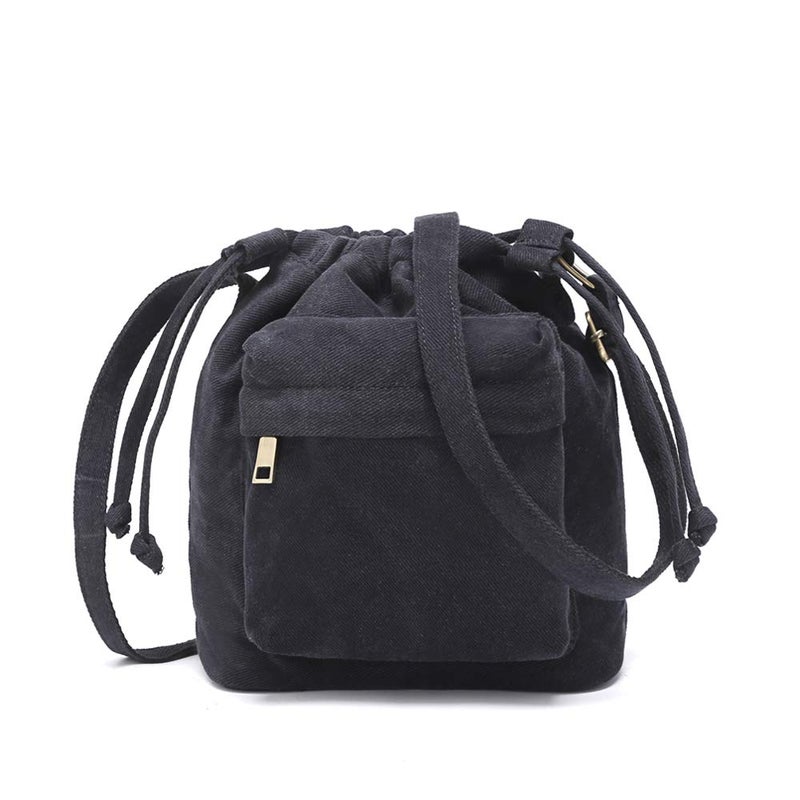 Barsine Women Small Canvas Purse Crossbody Bag Ladies Cute Little Drawstring Bucket Boho Purses, Black - Image 1